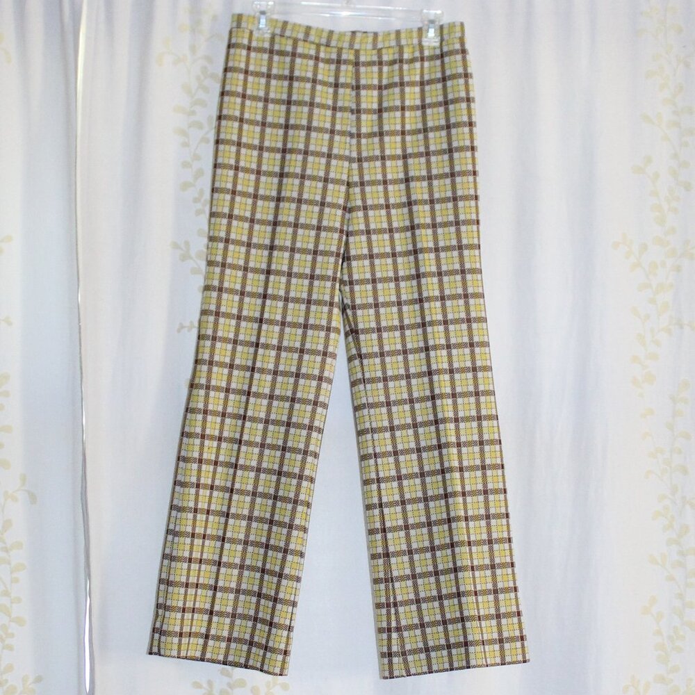 Vintage Cos Cob Yellow/Brown Plaid High Waist Flare Pull On Pants Women's M